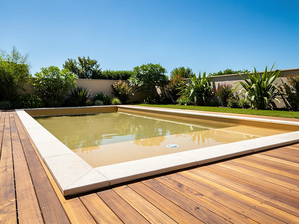 Piscine rénovée avec un liner sable et des margelles en pierre reconstituée