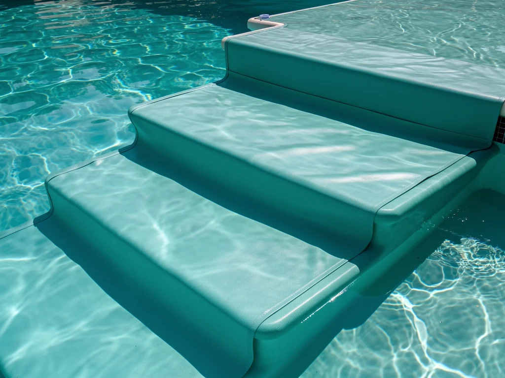 Escalier de piscine chaussé d'un liner tendu sans un seul pli
